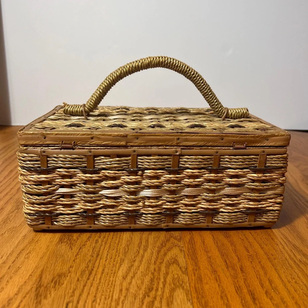 VTG Woven Sewing Basket Made in Japan Lidded Box w/ Handle Mid Century Craft *